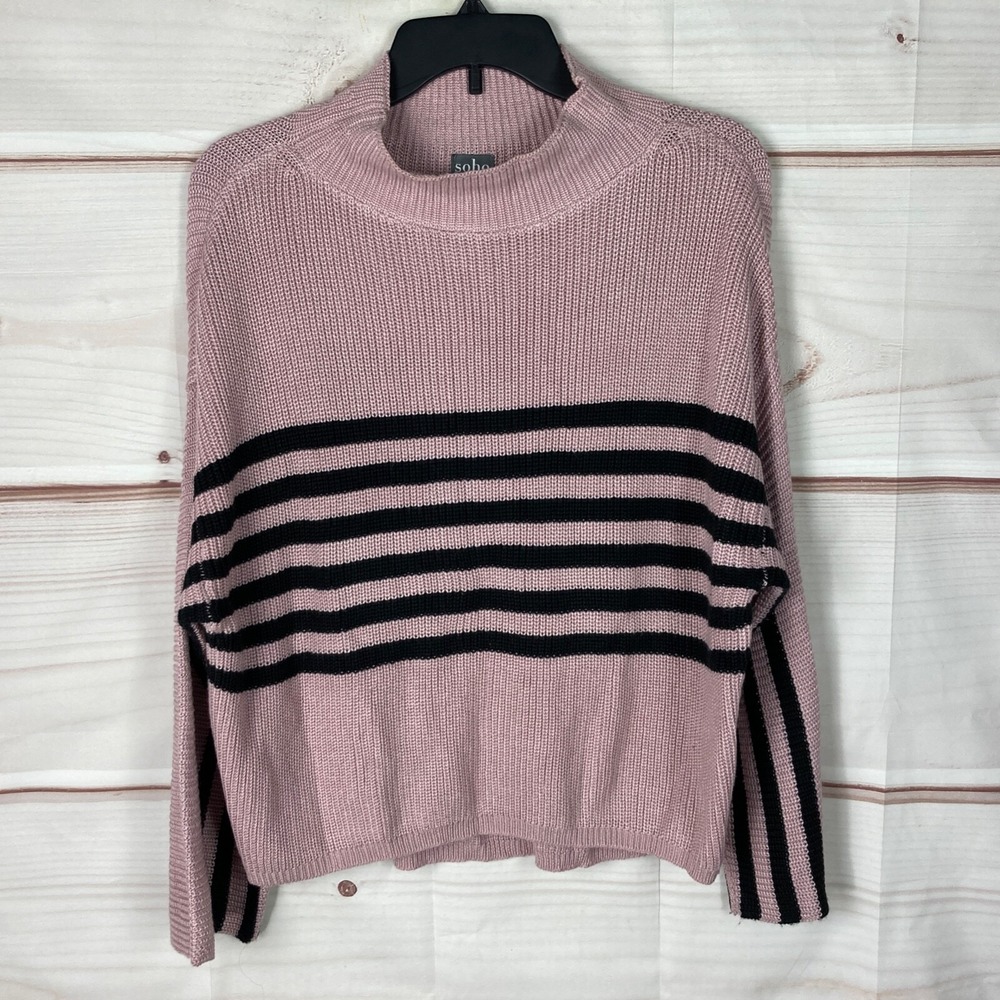 SOHO Sweater Womens M Pink Black Mock Neck Pullover Stripe Long Sleeve Boxy